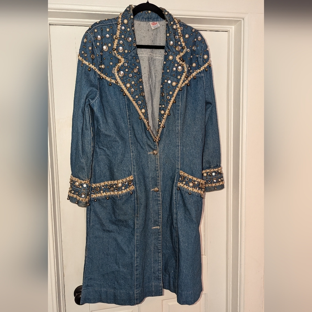 Vintage Jeweled Denim Long Jacket Medium USA READ